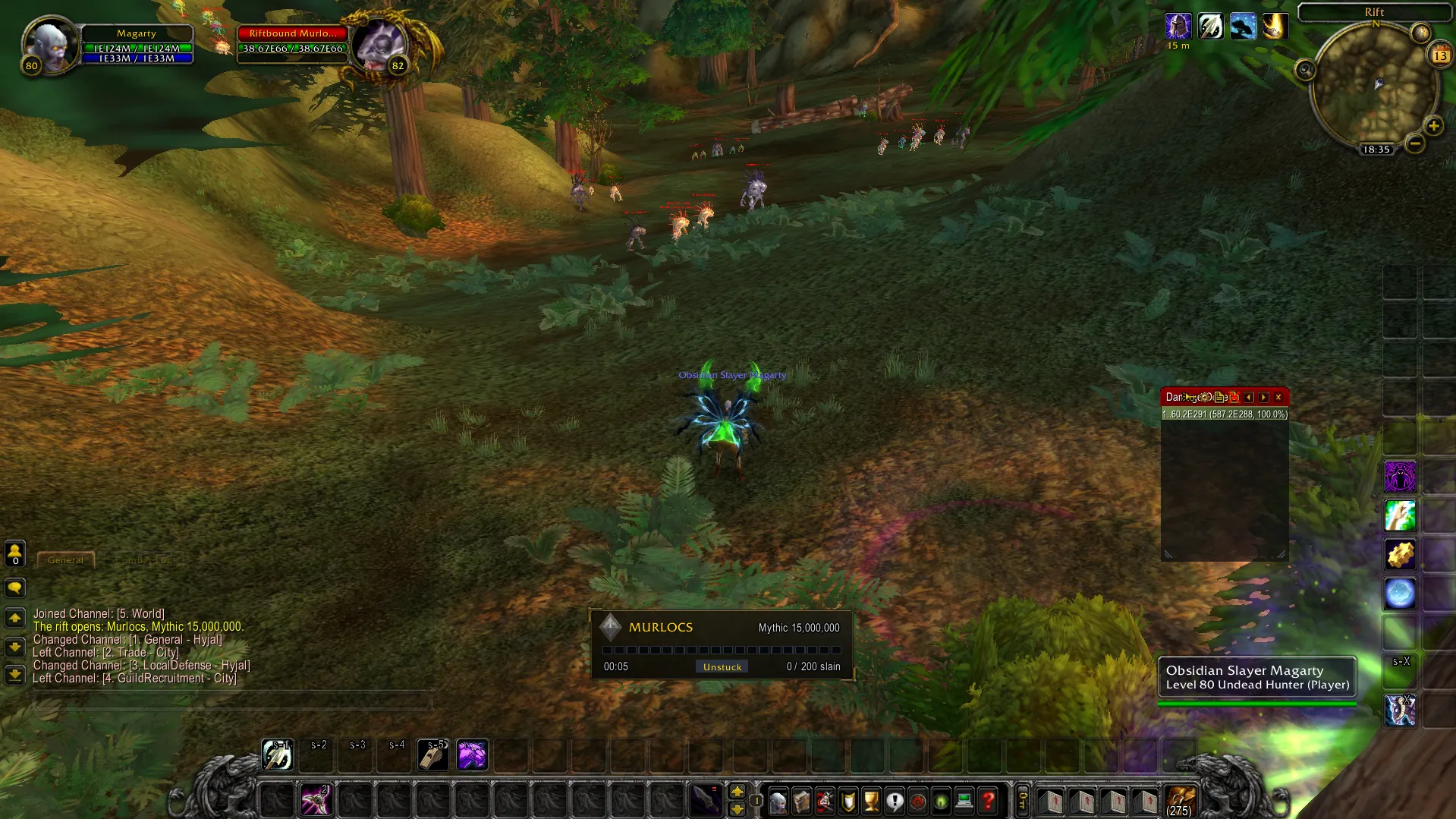 Inside a Mythic 15,000,000 Murloc rift in Hyjal: the tracker at 0 of 200 slain and packs of Riftbound Murlocs ahead