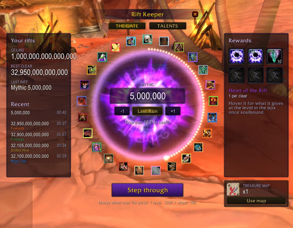 The Rift Keeper window: ceiling 1,000,000,000,000,000, best clear 32,950,000,000,000, the portal set to Mythic 5,000,000