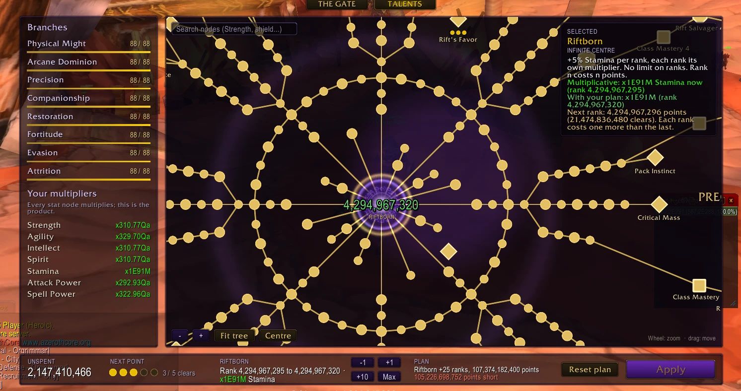 The Rift Talent Tree window: eight branches around Riftborn, the multipliers on the left, the plan and Apply along the bottom